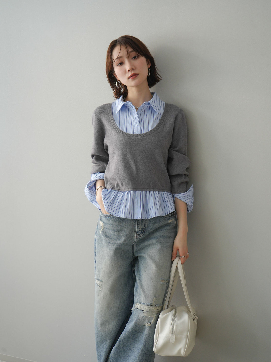 [予約]ストライプシャツUネックドッキングニットプルオーバー/graybluestripeA