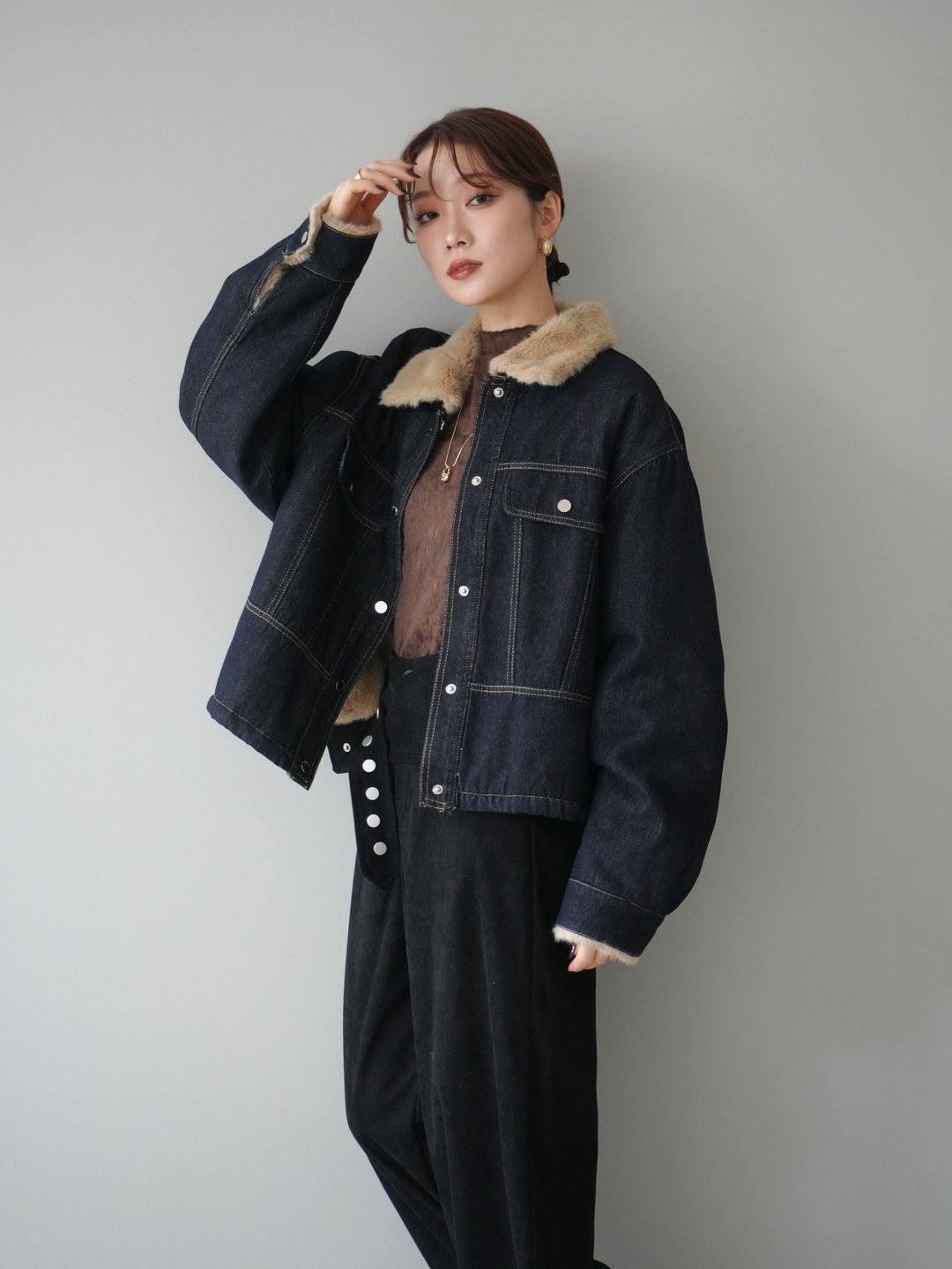 [予約]デニム×ファーステンカラーショートジャケット/indigo