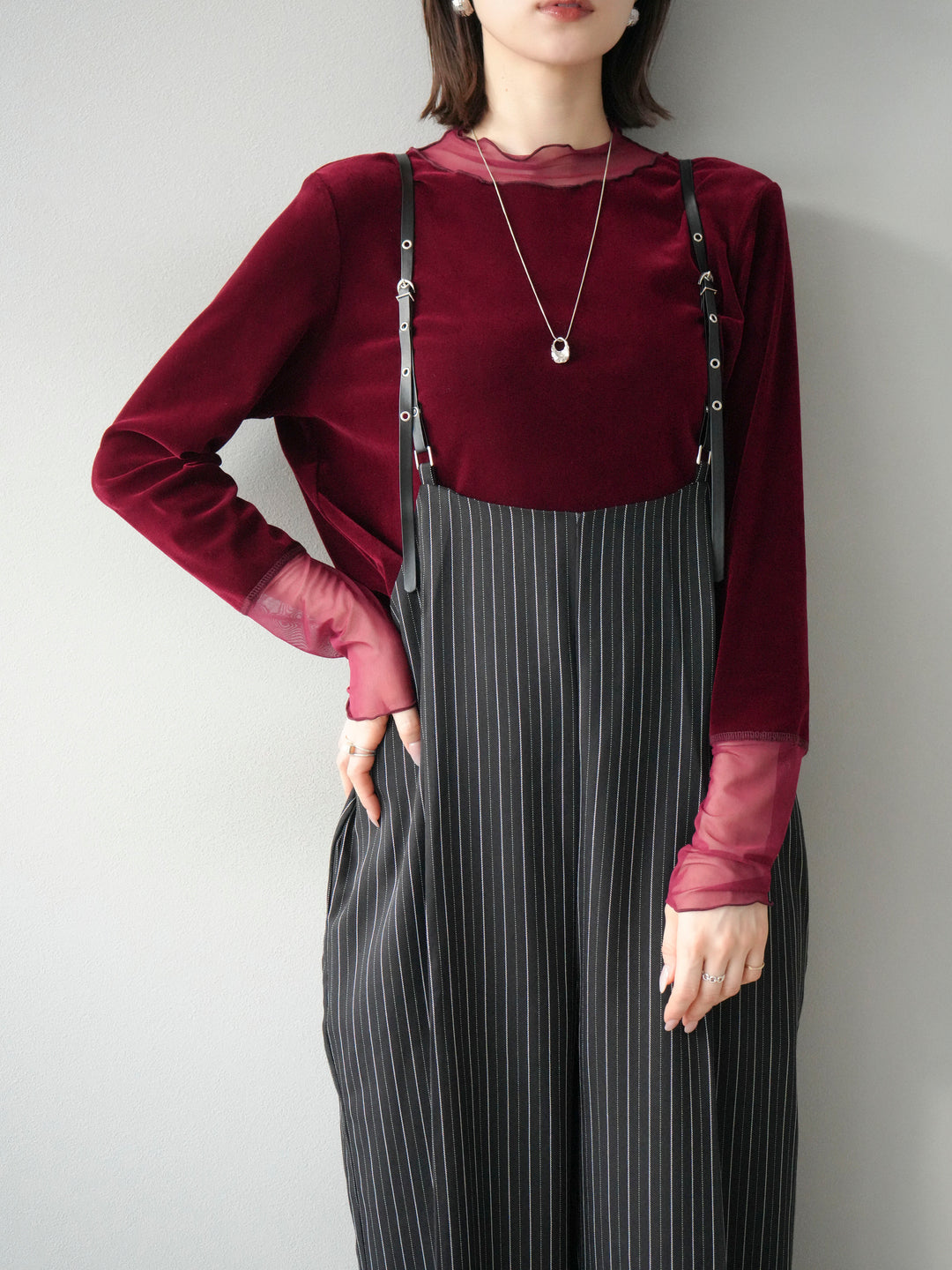 【着回しセット】[SET]ヘリンボーンストライプジレ+シアー切替ベロアトップス+ヘリンボーンストライプサロペット(3set)