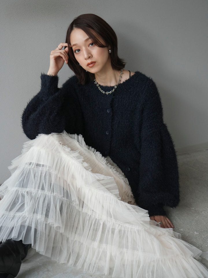 [預購] 圓領隨機毛絨開襟衫/藏青