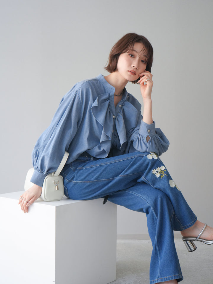 [SET]ラッフルフレアショートブラウス+フラワー刺繍ストレートデニム(2set)