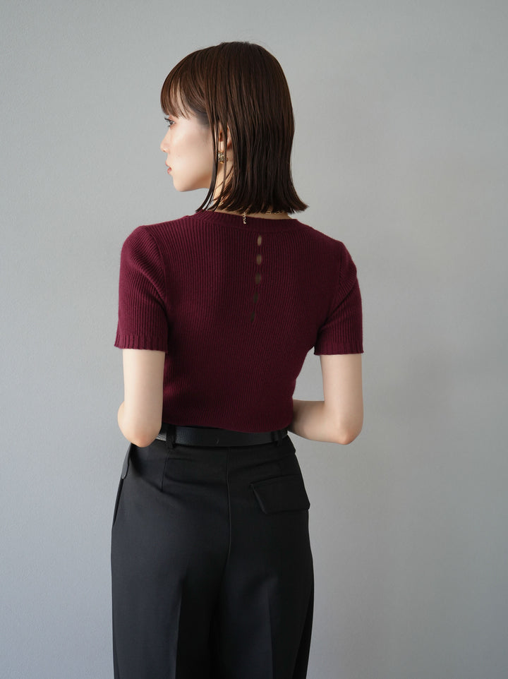 [予約]バックホールハーフスリーブリブニットトップス/ボルドー
