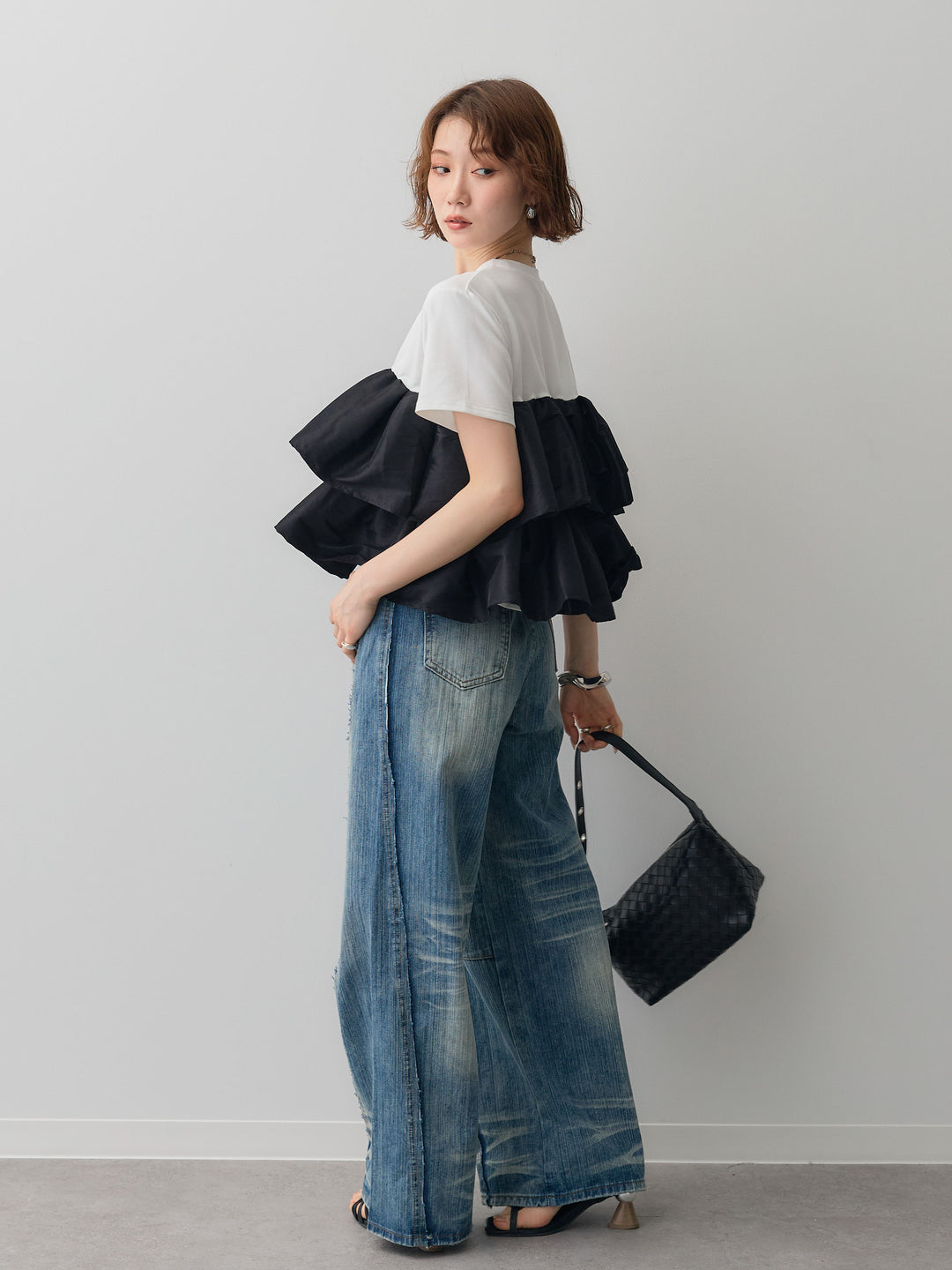 [SET]フリルティアードTEE+縦ウォッシュワイドデニムパンツ(2set)