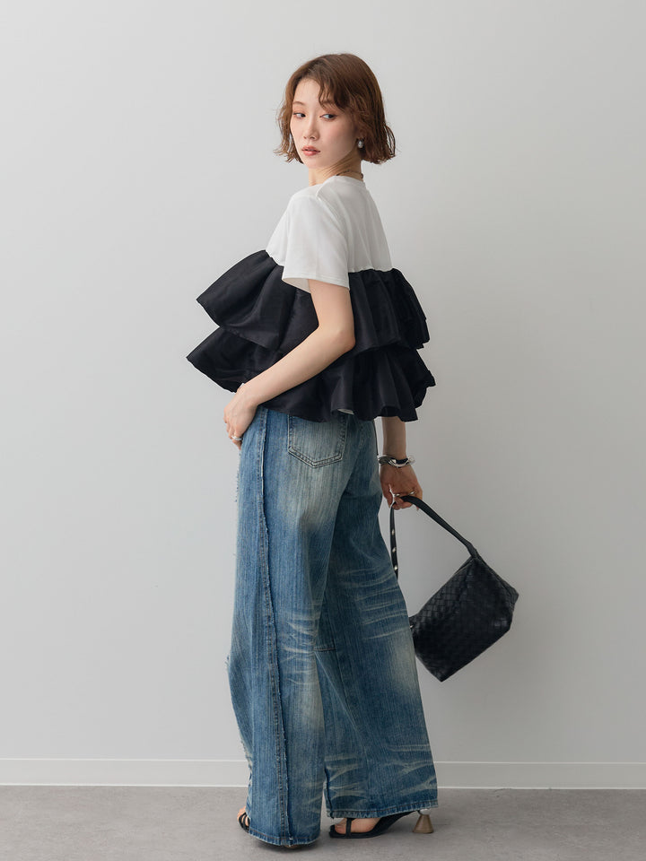 [SET]フリルティアードTEE+縦ウォッシュワイドデニムパンツ(2set)