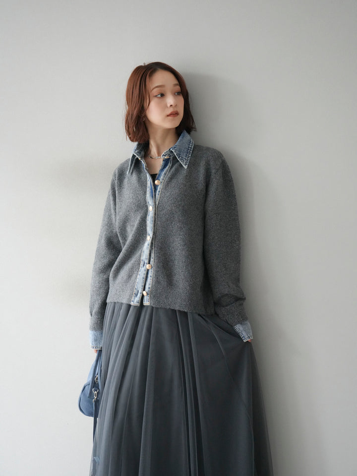 [予約]デニム襟ボタンニットカーディガン/チャコール