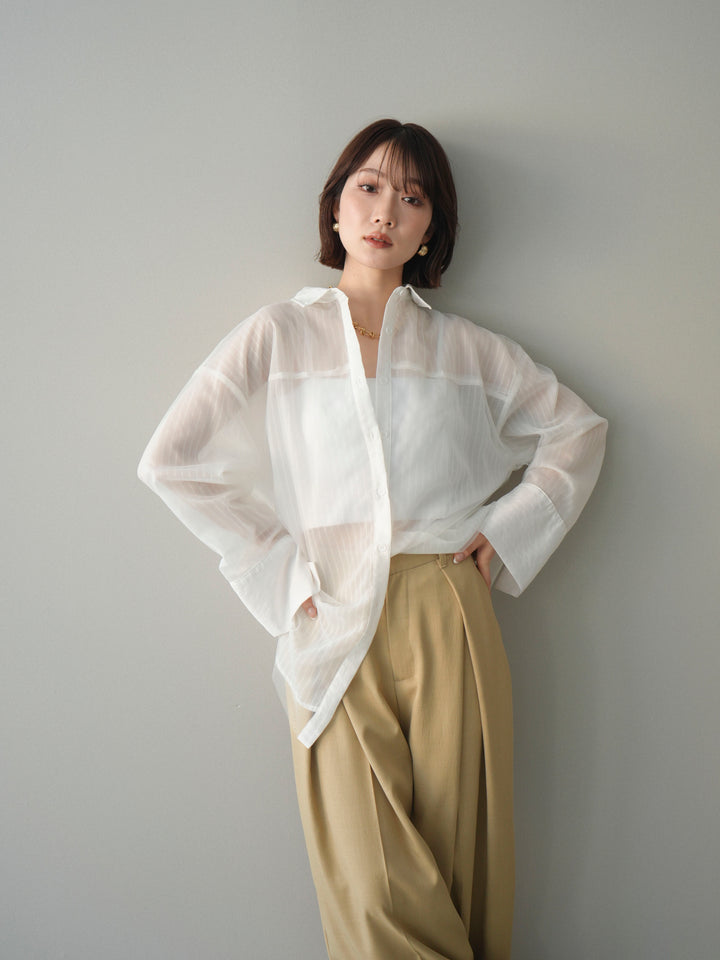 [予約]チュールレイヤードストライプシアーシャツ/offwhite
