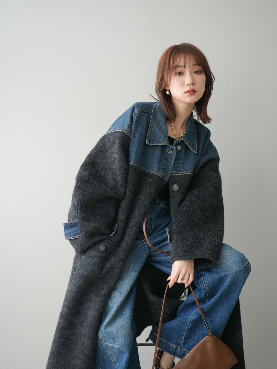 [SET]デニム切替シャギーステンカラーコート+選べるアクセセット(2set)