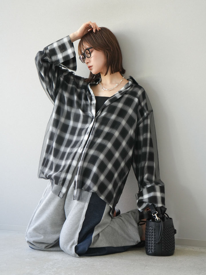 [套裝] 薄紗對接格紋寬鬆襯衫 + 牛仔布 Switch 2-Way 設計運動褲 (2 套)