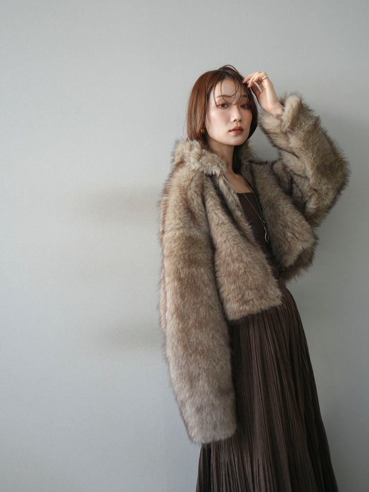 [予約]フェイクファーショートZIPジャケット/brownmix