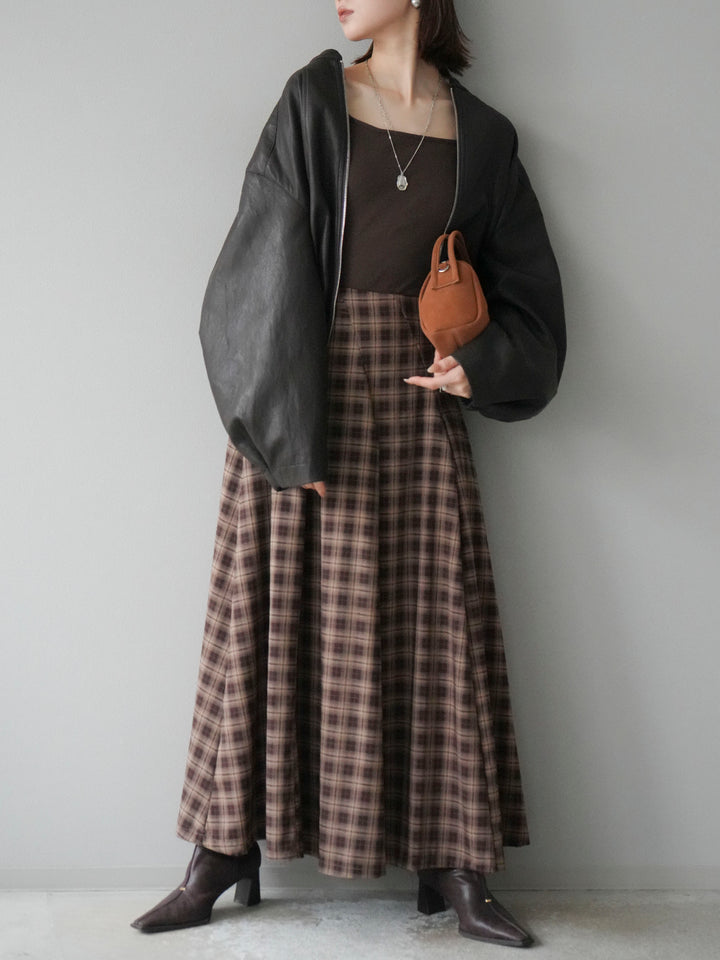 [予約]チェックタックフレアロングスカート/ ブラウン