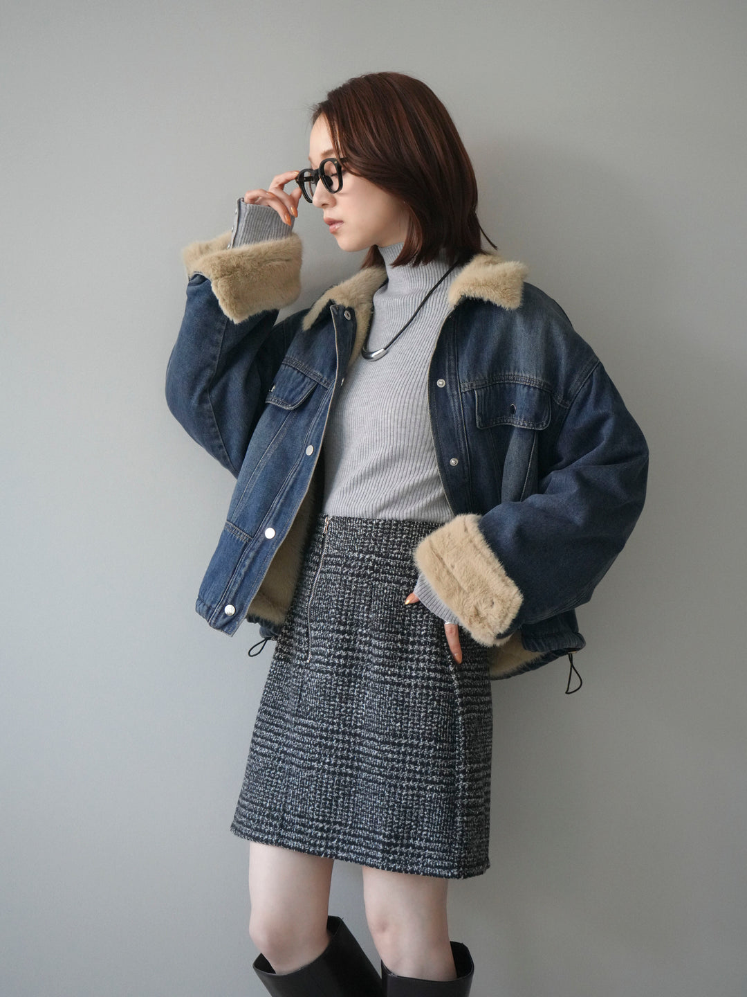 [予約]デニム×ファーステンカラーショートジャケット/blue