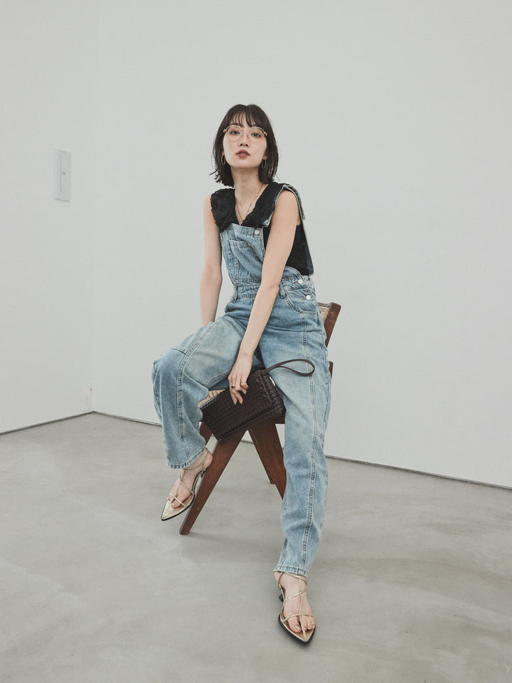 [SET]センターシームデニムサロペット +テープヤーンラッフルノースリトップス(2set)