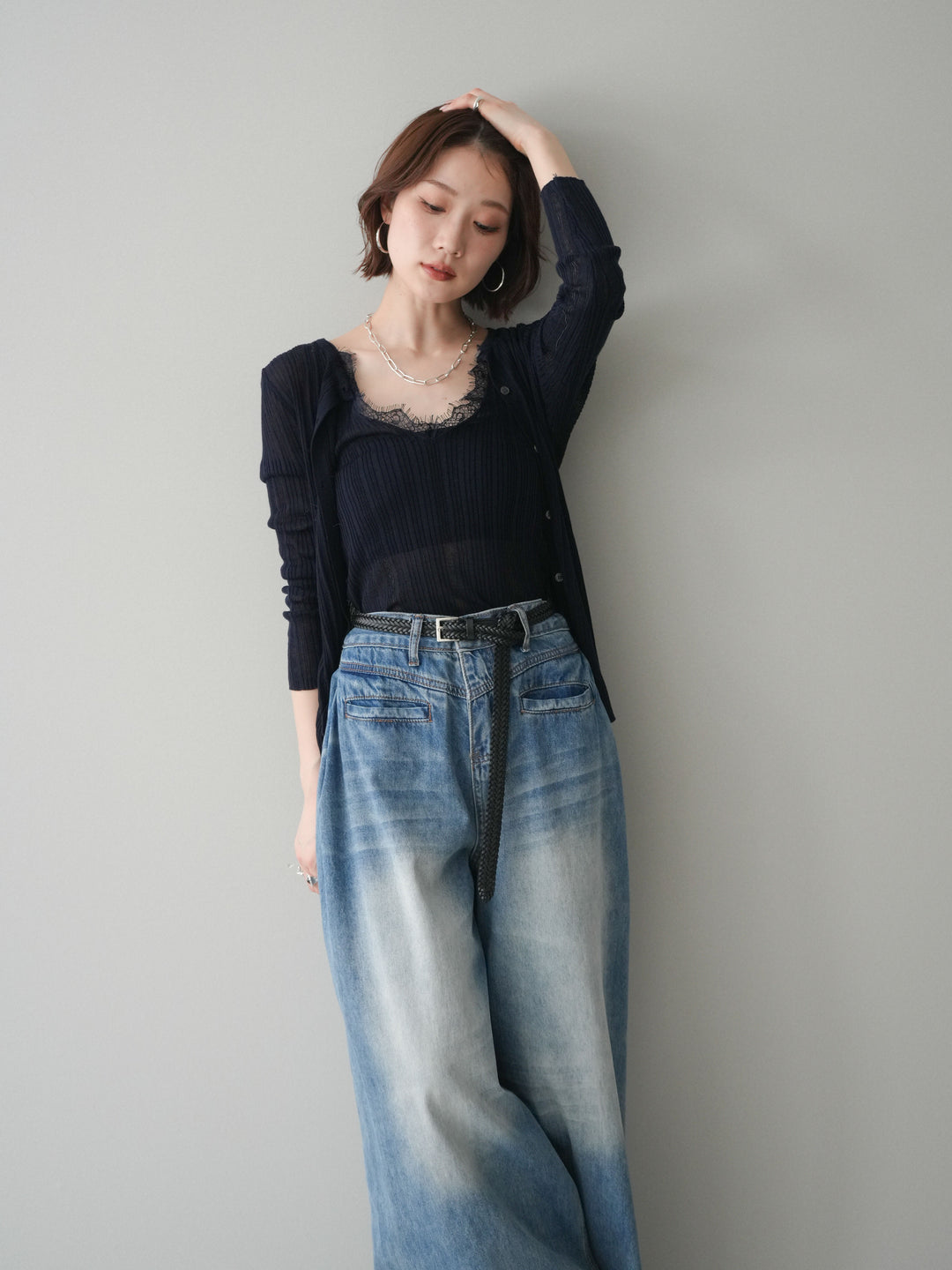 [予約]インナーレースキャミソール＆カーディガンアンサンブル/navy