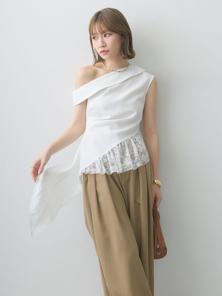 [SET]アシンメトリーラッフルレースヘムトップス+クレープデシンタックワイドパンツ(2set)