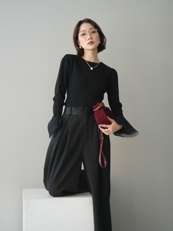 [SET]袖チュールパワショルリブニットトップス+袖チュールパワショルリブニットトップス(2set)