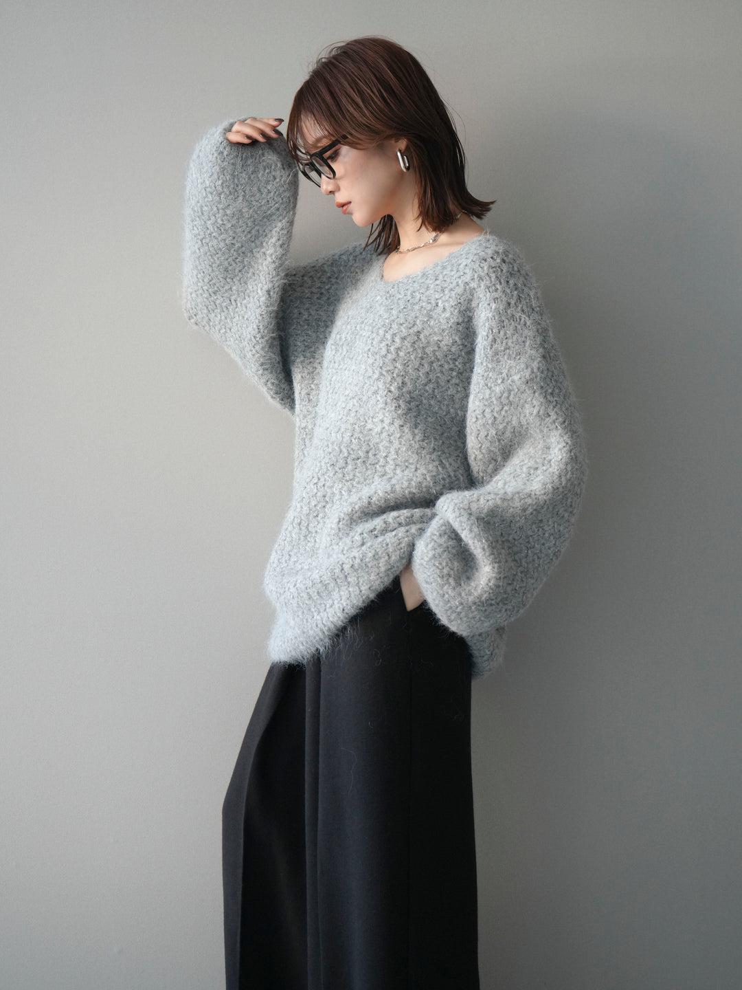 [予約]ウールタッチラメミックスヤーンVネックニットプルオーバー/lightgray