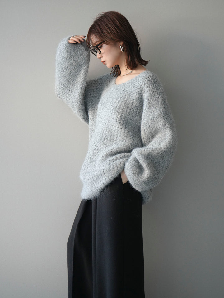 [予約]ウールタッチラメミックスヤーンVネックニットプルオーバー/lightgray