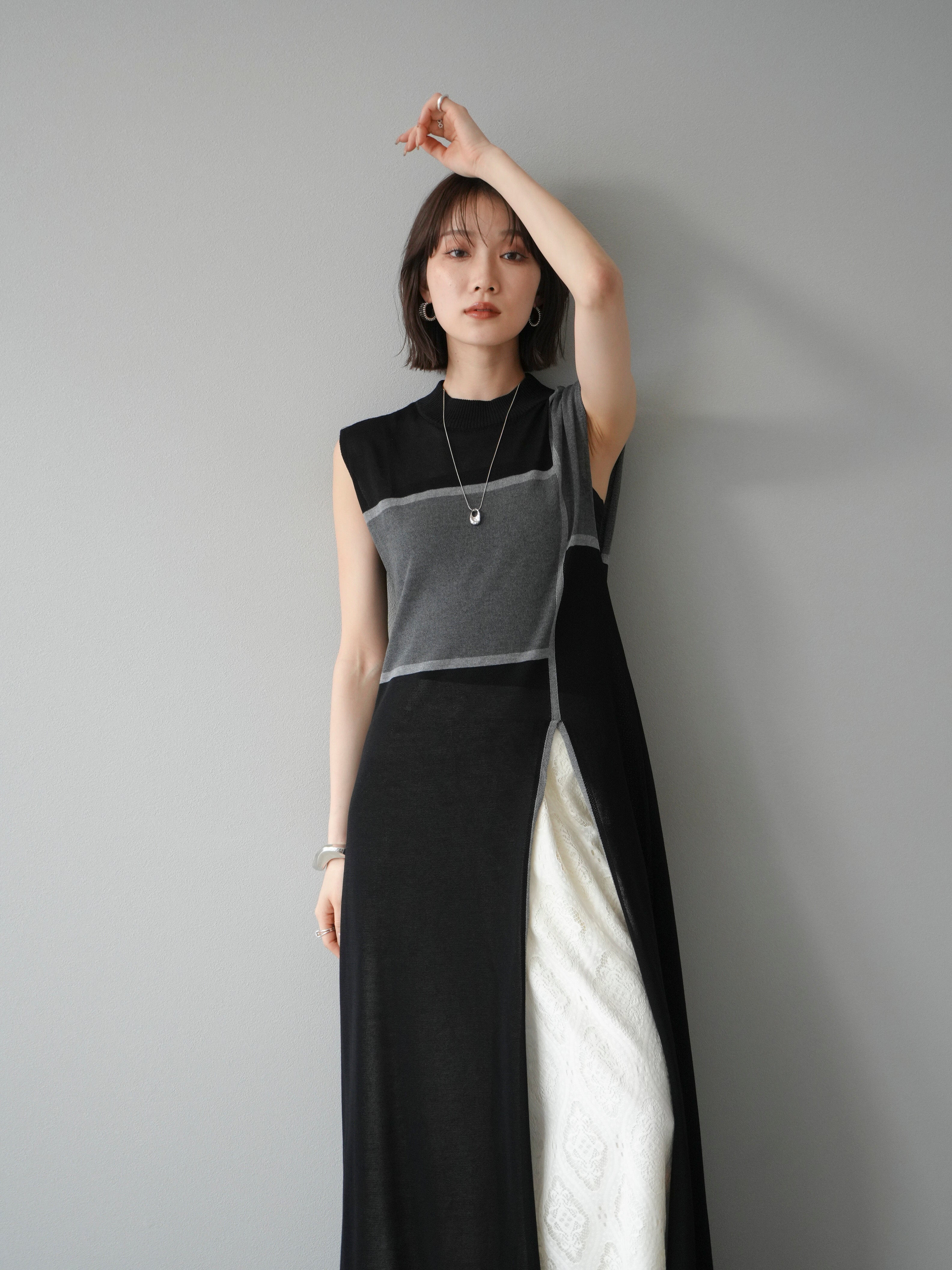 最終値下 FLARE LONG ニットワンピース　ブラック 予約]配色スリットニットワンピース/ブラック – Lumier