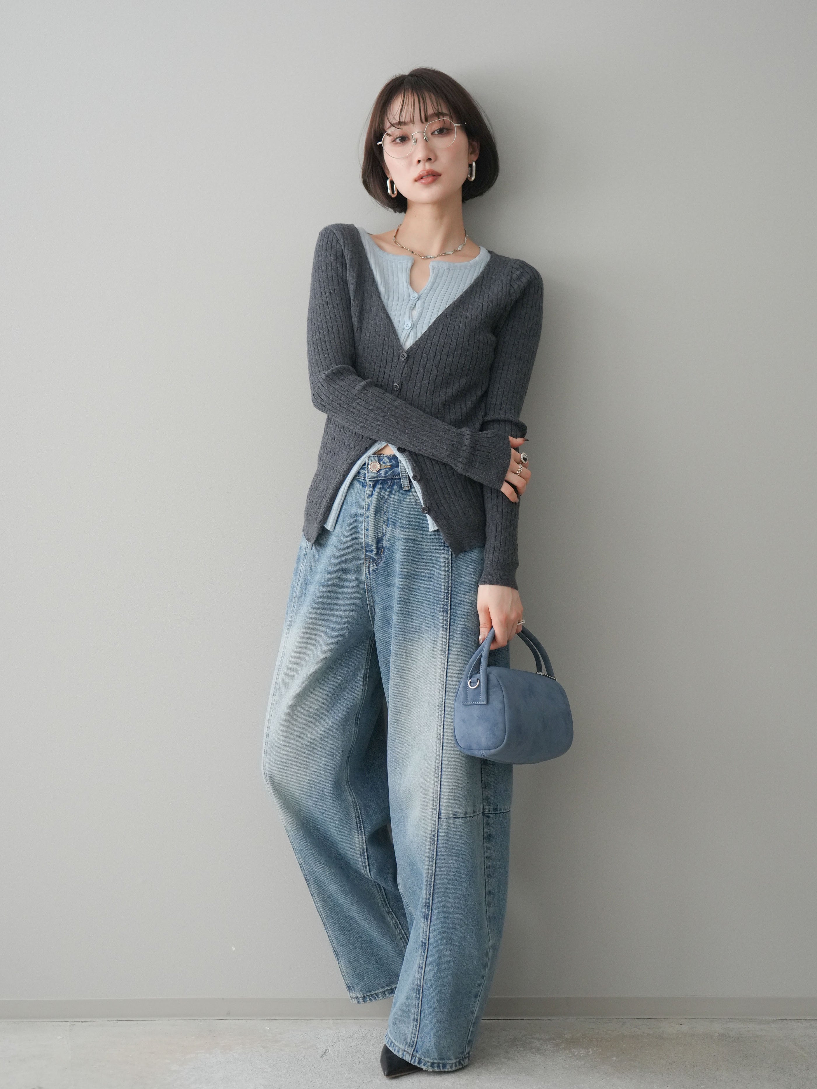 SET]バイカラーレイヤードニットカーディガン+ガーメントウォッシュ