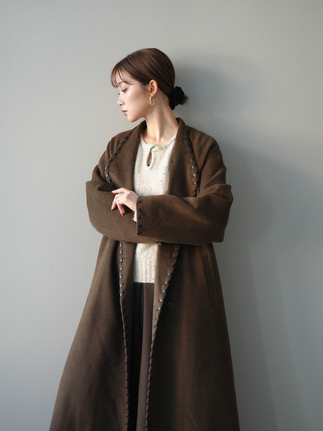 [SET]ハンドステッチ裏中綿ロングコート+選べるアクセセット(2set)