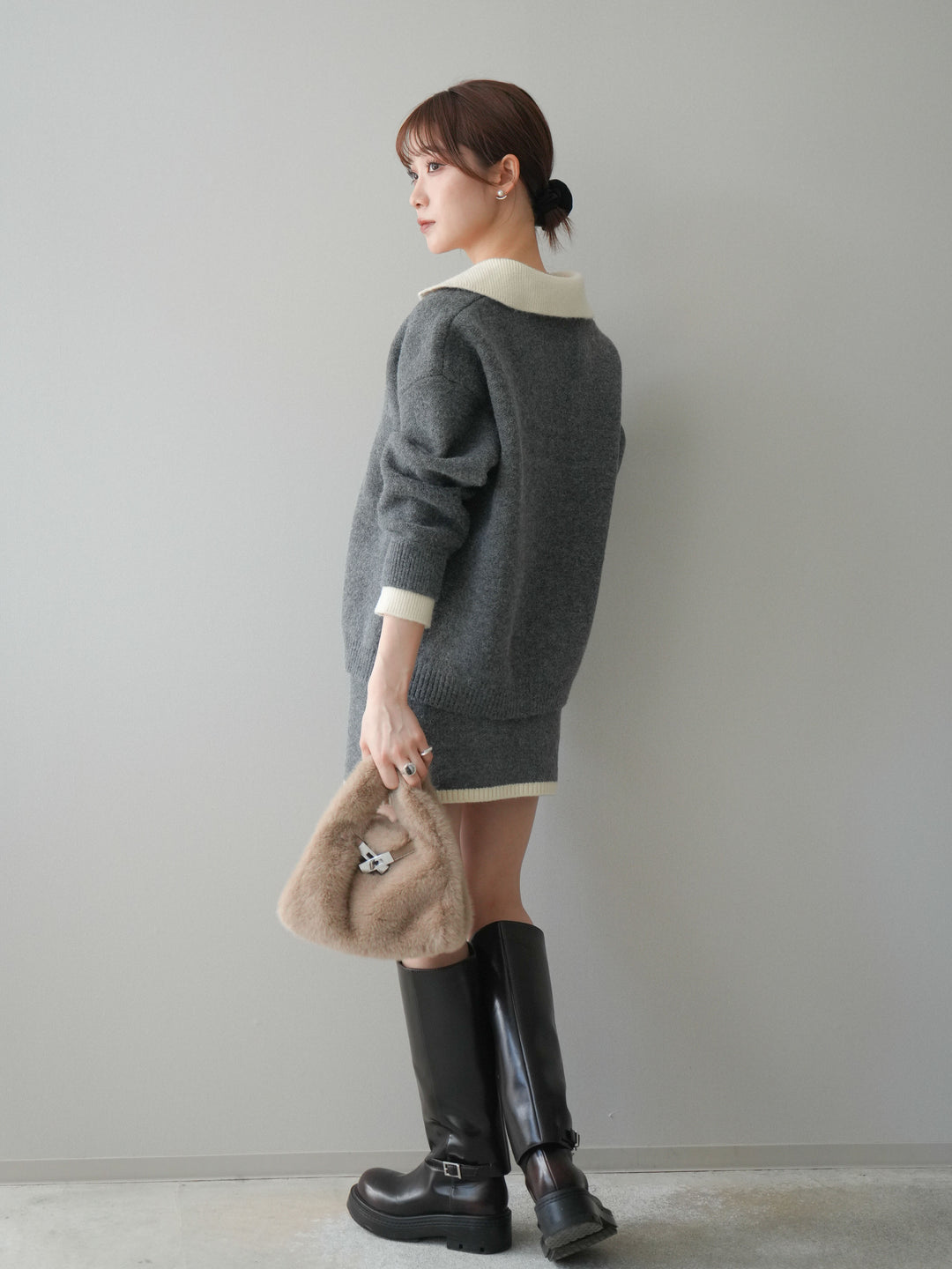 [SET]配色襟ニット＆ミニスカートSET UP(2set)