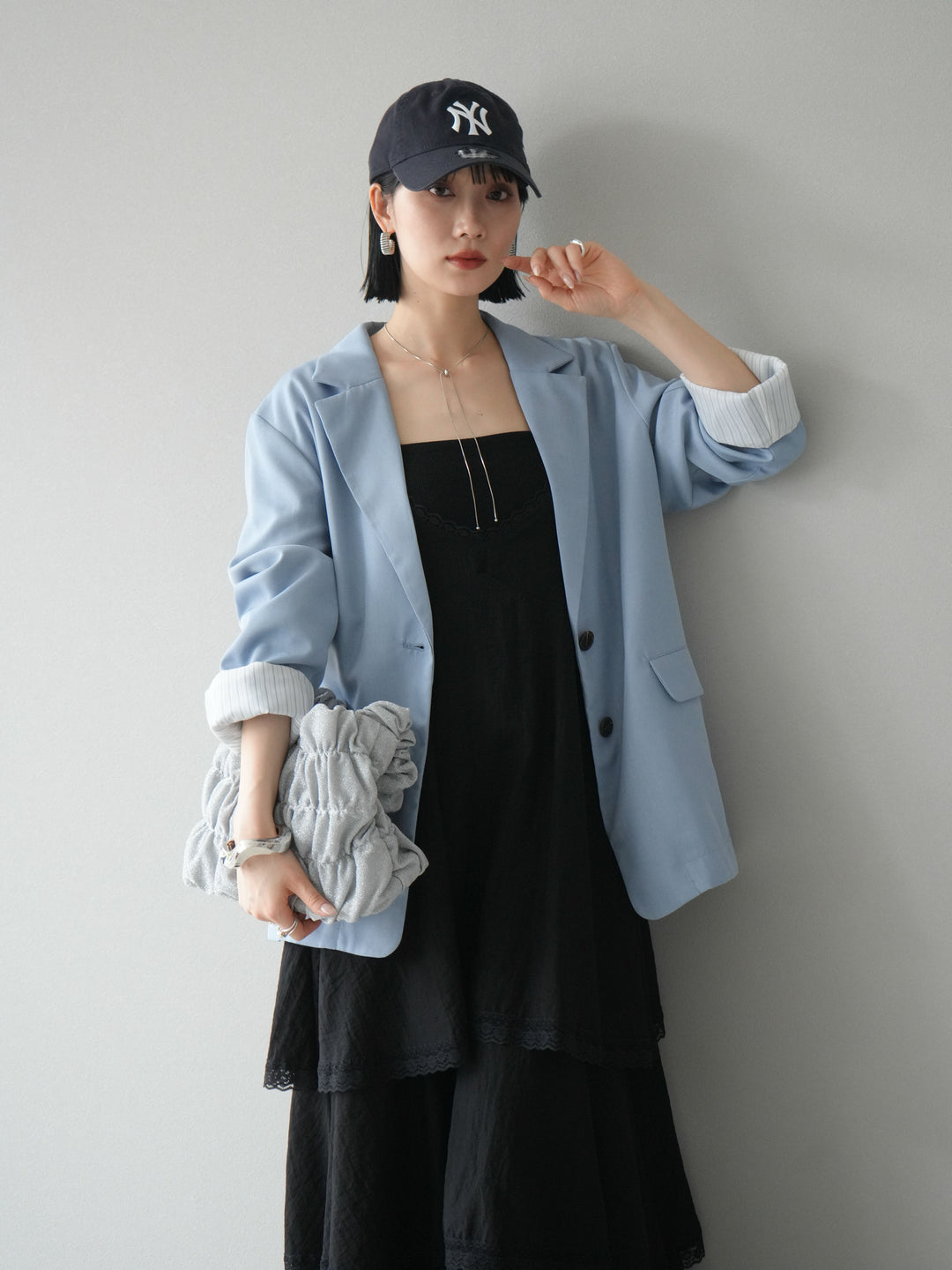 [予約]リネンタッチテーラードジャケット/ライトブルー