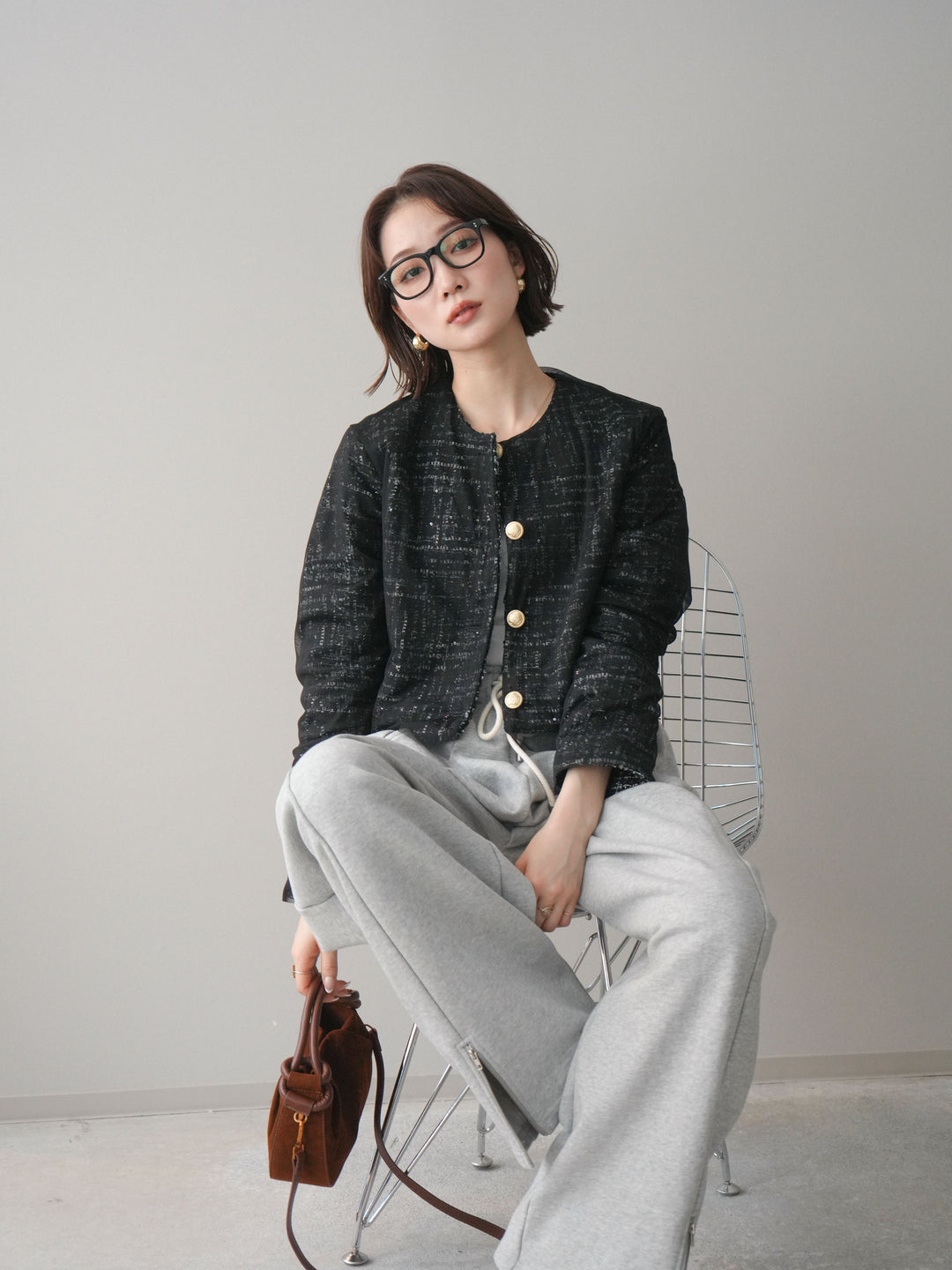 [予約]チュールレイヤードツイードクロップドジャケット/black