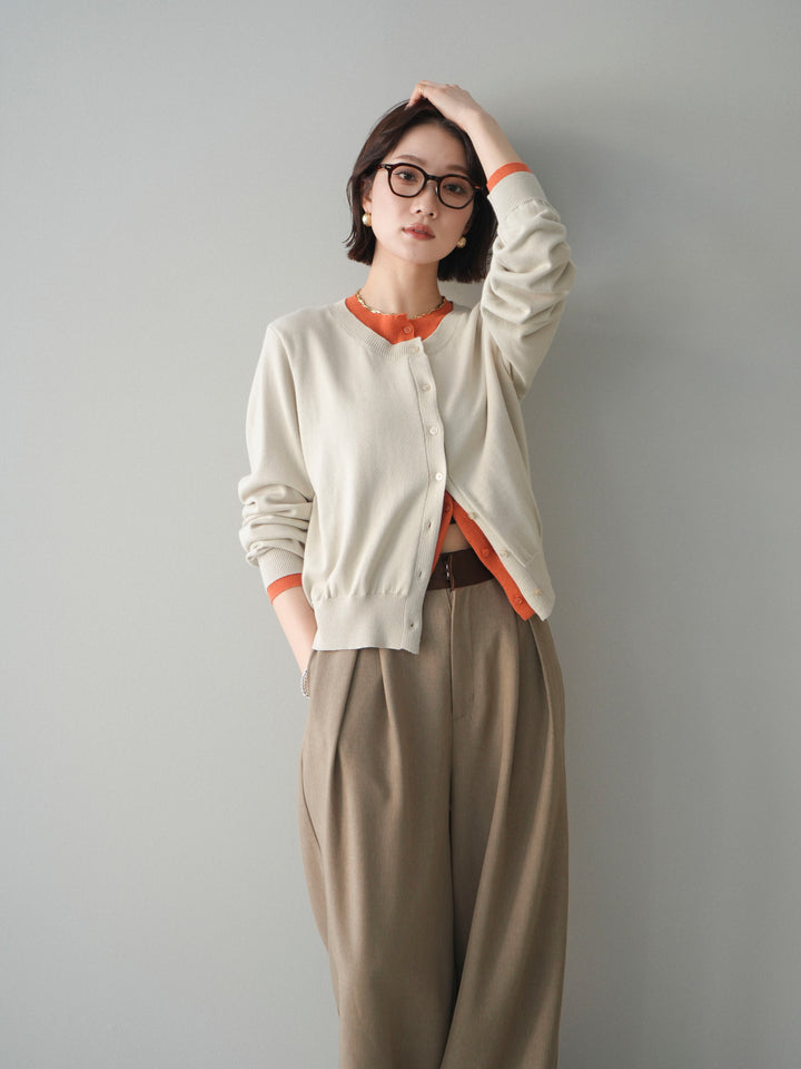 [予約]配色レイヤードコットンアクリルニットカーディガン/ivory