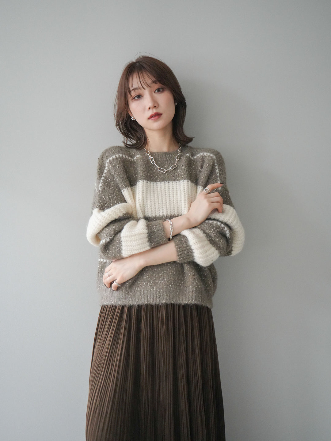 [SET]ネップヤーンボーダーニットプルオーバー+パンチングデザインスエードプリーツスカート(2set)