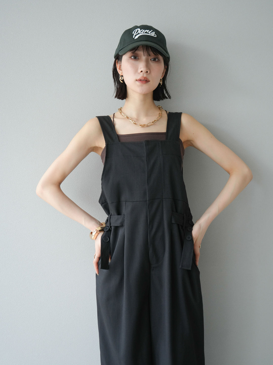 【預購】皮帶設計工裝褲/黑色