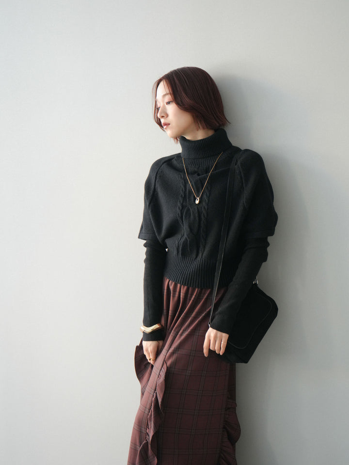 [予約]ケーブル編みタートルハーフスリーブニットアンサンブル/black