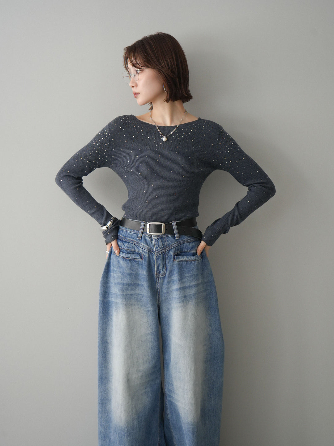 [SET]スパンコールシアーニットトップス+選べるアクセセット(2set)