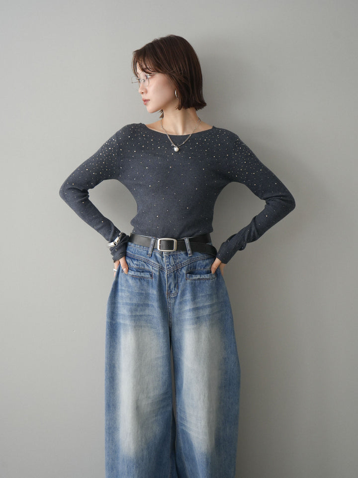 [SET]スパンコールシアーニットトップス+選べるアクセセット(2set)