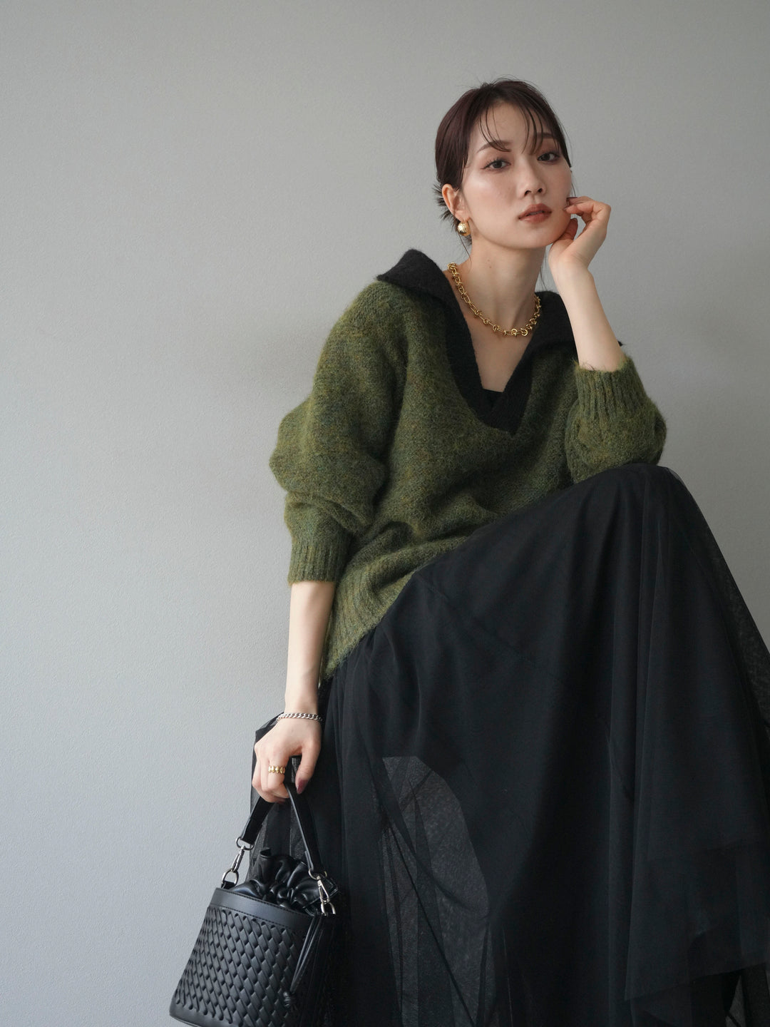 [予約]バイカラー襟付きニットプルオーバー/green