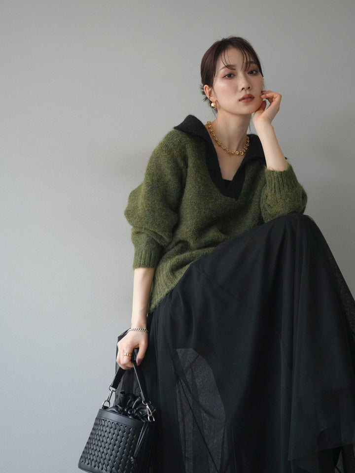 [予約]バイカラー襟付きニットプルオーバー/green