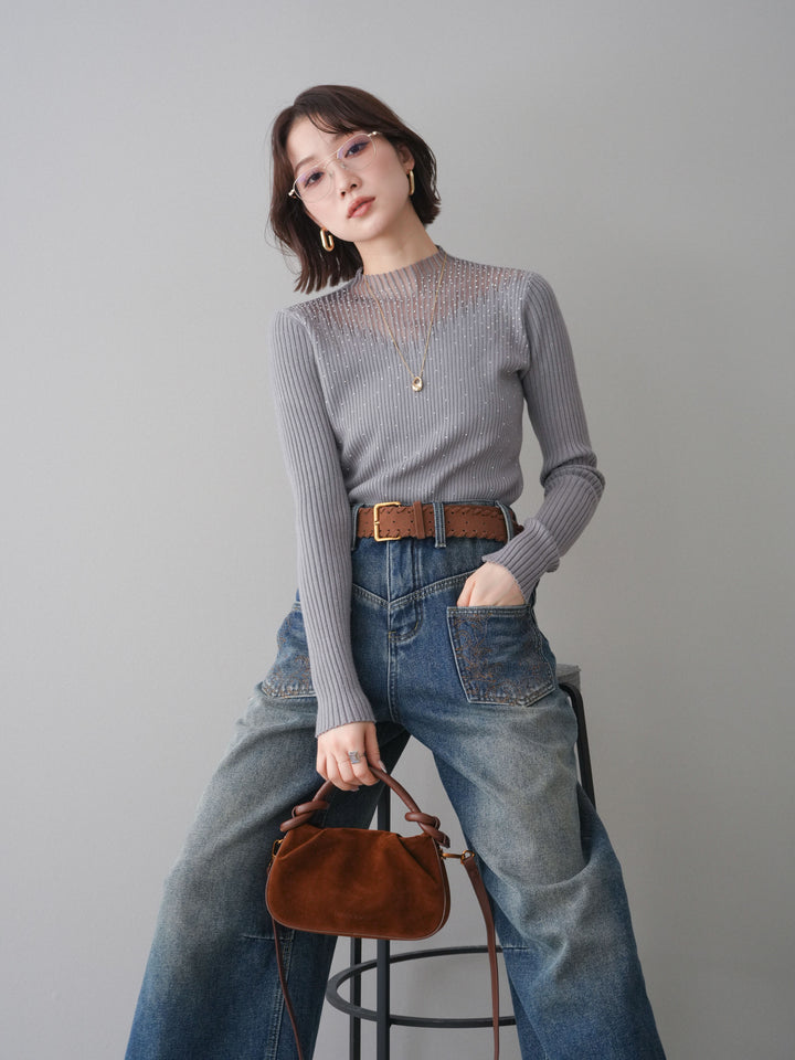 [SET]シアー切替スパンコールリブニットトップス+ベルト付ポケット刺繍カーブデニムパンツ(2set)