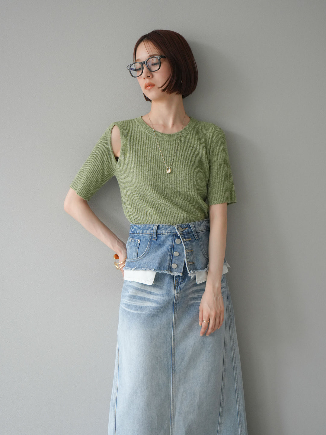 [予約]MIXニットショルダースリットプルオーバー/グリーン