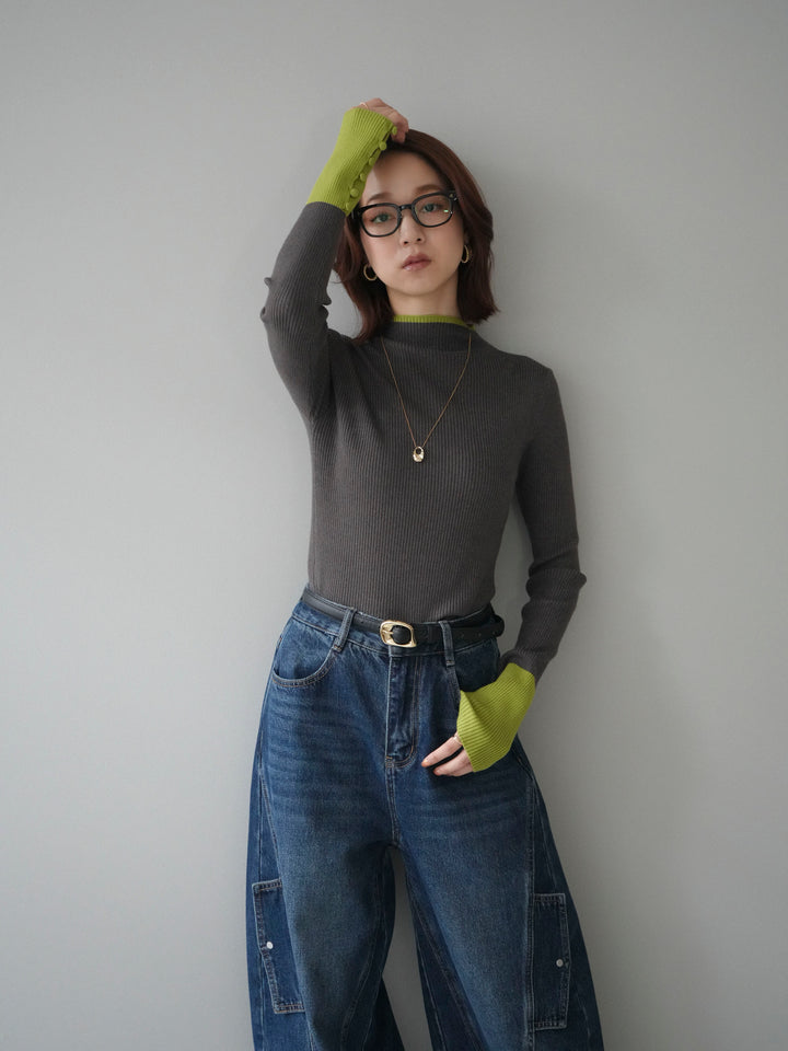 [SET]袖ボタンハイネック配色リブニットトップス+袖ボタンハイネック配色リブニットトップス(2set)