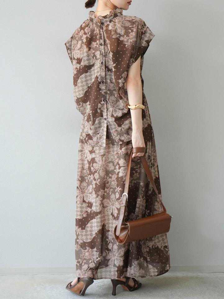 [SET] 花朵圖案法式袖襯衫 + 花朵圖案喇叭裙 (2 套)