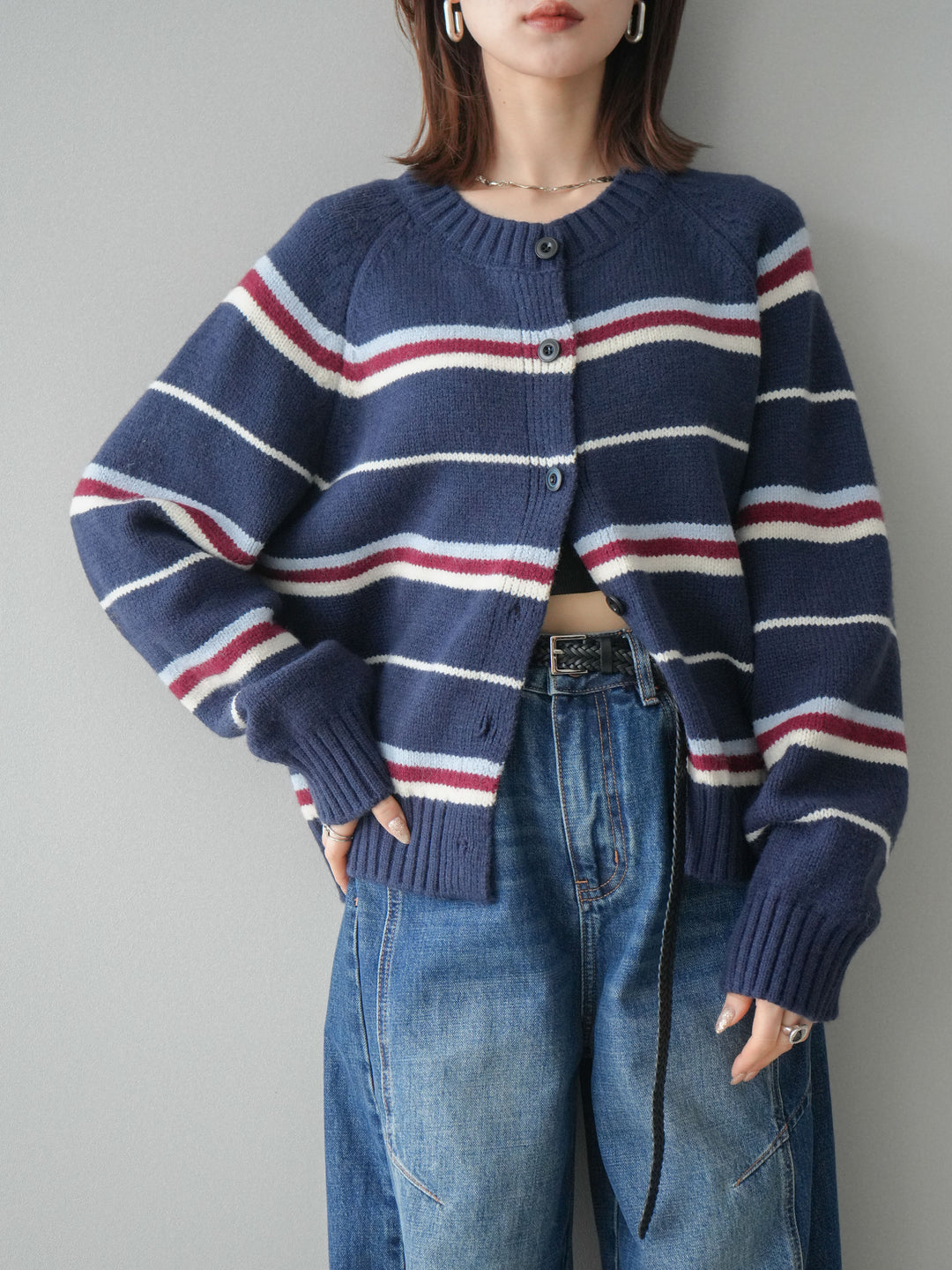 [予約]ランダムボーダーニットカーディガン/navy