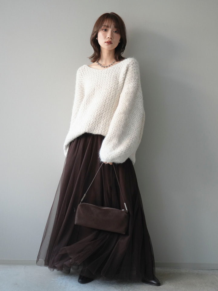 [SET]ウールタッチラメミックスヤーンVネックニットプルオーバー+チュールボリュームスカート(2set)