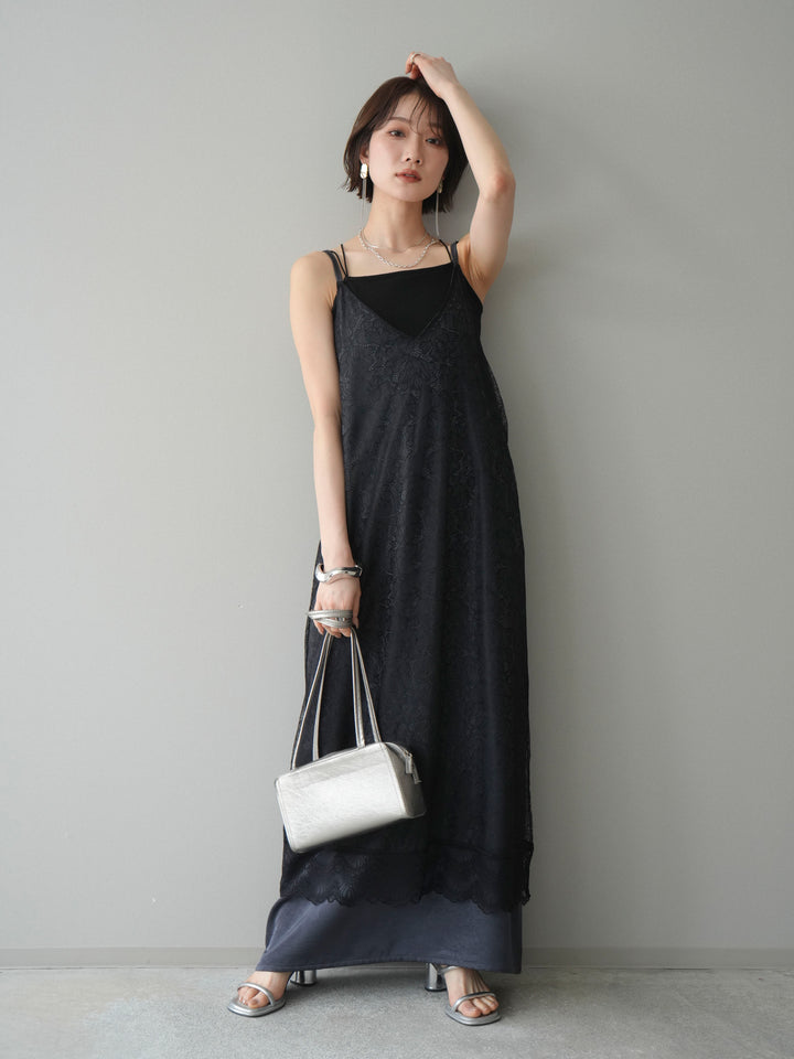 [予約]サテンレースレイヤードキャミワンピース/black