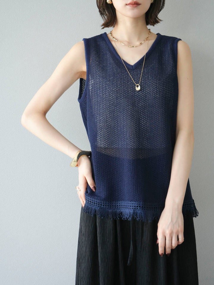 [予約]裾フリンジVネックニットタンクトップアンサンブル/ネイビー