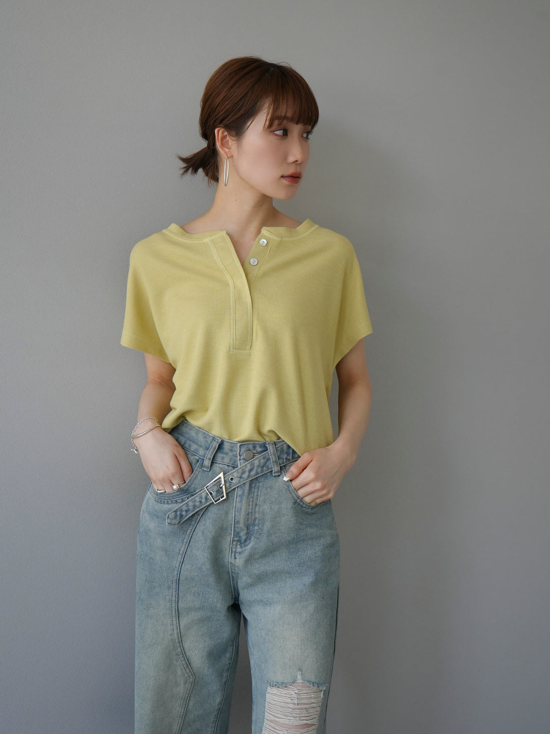 [Pre-order] Henley neck thermal top/yellow