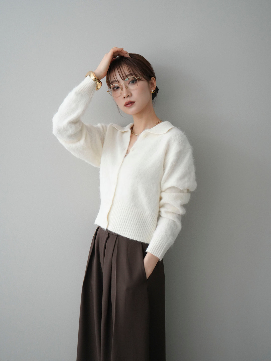 [SET]モヘア衿付きボタンプルオーバー+テープベルトタックバギーパンツ(2set)