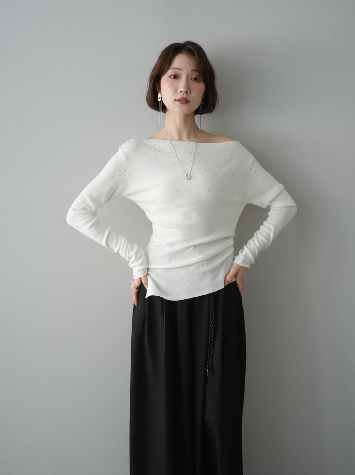 [予約]ラインストーンアシンメトリーニットトップス/ivory