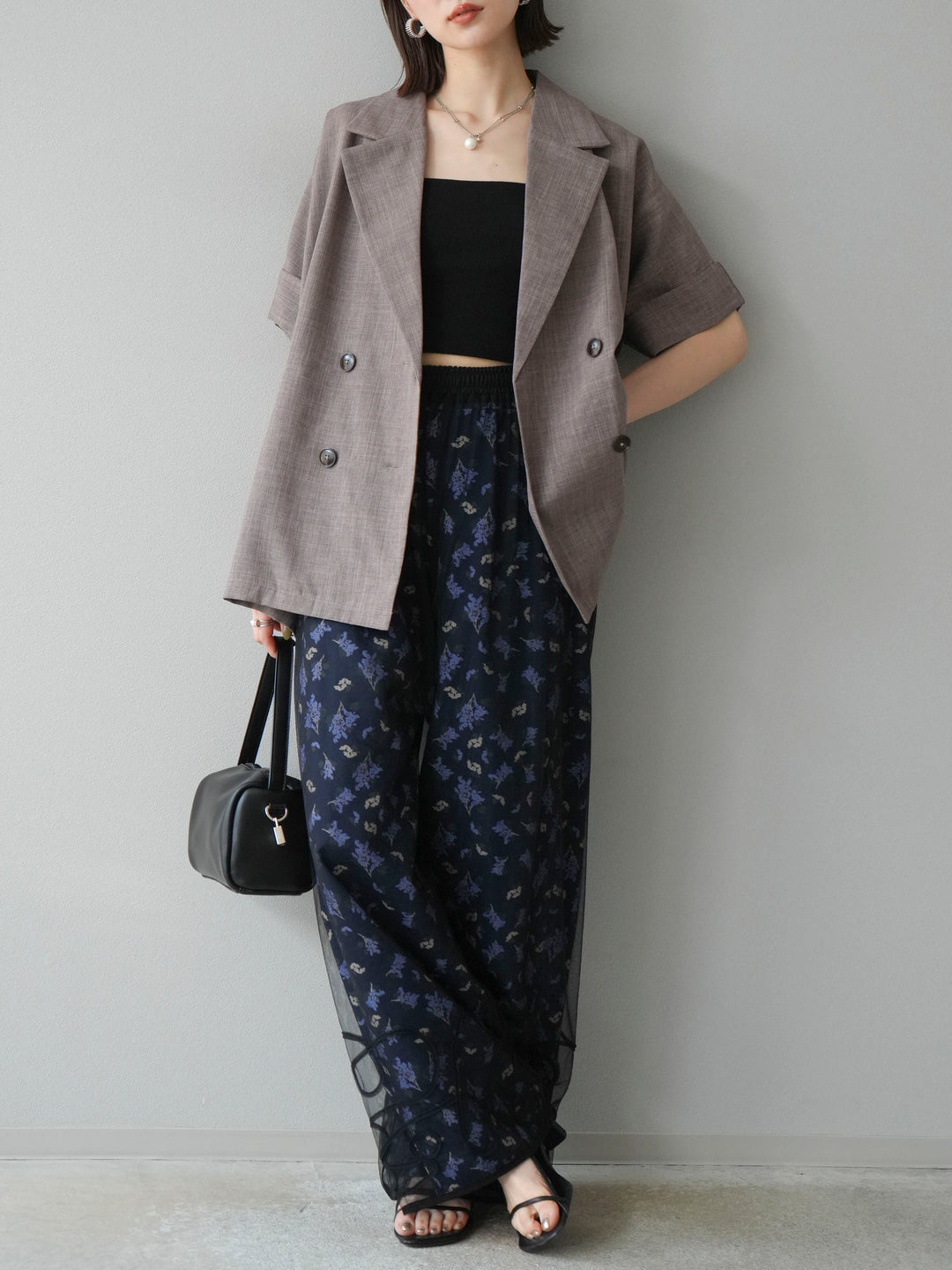 [SET]コード刺繍チュールレイヤードパンツ+ブーケプリントタックパンツ(2set)