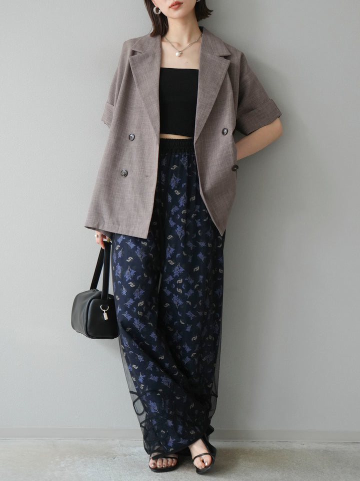 [SET]コード刺繍チュールレイヤードパンツ+ブーケプリントタックパンツ(2set)