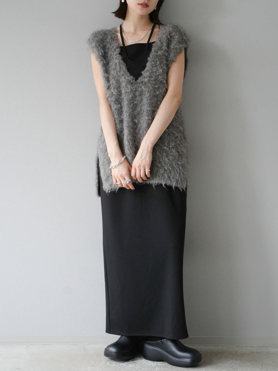 [予約]ウール混ミックスヤーンニットベスト/モカ