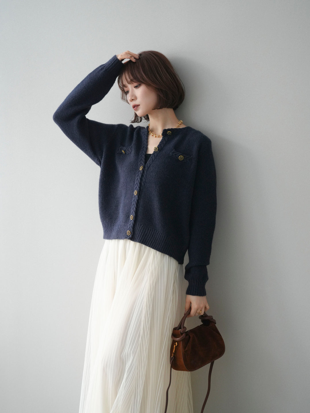 [予約]編みこみアンティークボタンニットカーディガン/navy